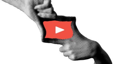 Two halftone hands holding a red YouTube play button icon.