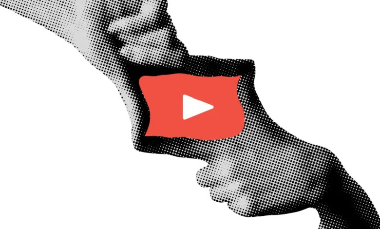 Two halftone hands holding a red YouTube play button icon.
