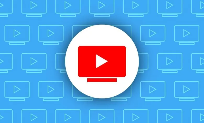YouTube TV logo: red play button on a white circle, blue TV pattern background.