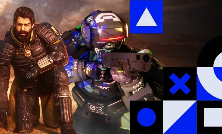 Two armored figures, one kneeling, one aiming a gun, against a geometric background.