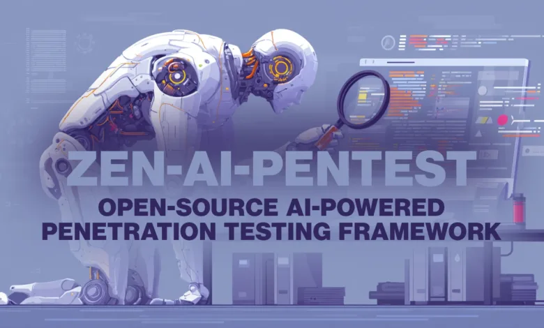 Robot examines code on screen with magnifying glass, Zen-AI-Pentest.