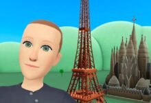Avatar of Mark Zuckerberg in front of Eiffel Tower and Sagrada Familia.