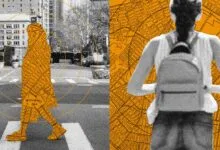 Conceptual image showing location tracking risks with map overlays on pedestrians.