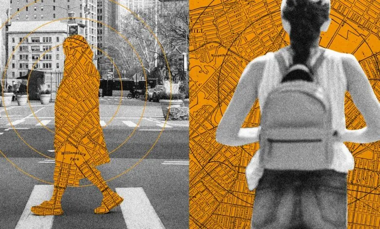 Conceptual image showing location tracking risks with map overlays on pedestrians.