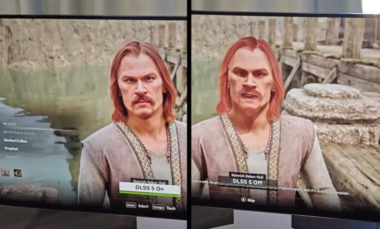 Side-by-side comparison of DLSS 5 on/off in a video game, showing character Heinrich Oaken-Hull.