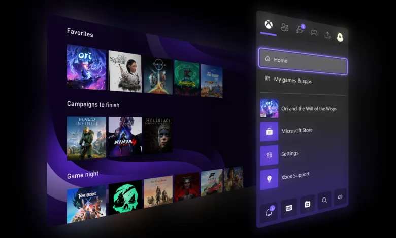Xbox dashboard interface showing game selections and navigation menu.