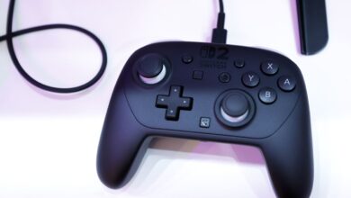 Black Nintendo Switch Pro Controller with cable on white surface.