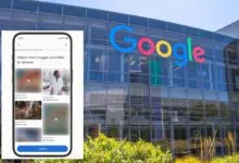 Google Photos app interface displayed in front of Google headquarters building.