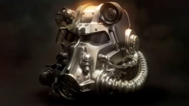 Close-up of a metallic T-51 Power Armor helmet from the Fallout game series.