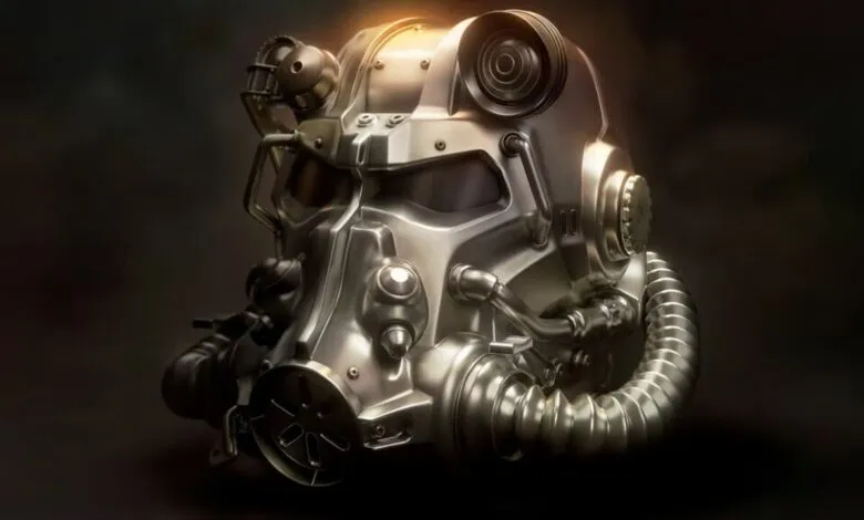 Close-up of a metallic T-51 Power Armor helmet from the Fallout game series.