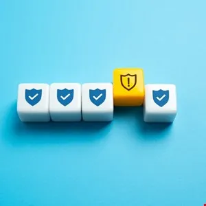 Five dice, four with checkmarks, one with warning, on a blue background.