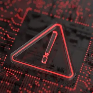 Red exclamation point in triangle on circuit board background, indicating a system error.