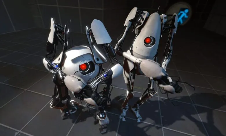 Two Portal 2 turrets stand in a test chamber, one slightly behind the other.