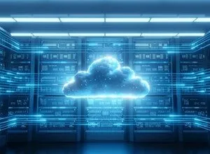 Glowing cloud icon in front of server racks in a data center.