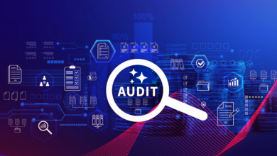 Audit concept with magnifying glass, coins, and document icons.