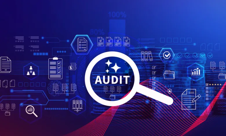 Audit concept with magnifying glass, coins, and document icons.