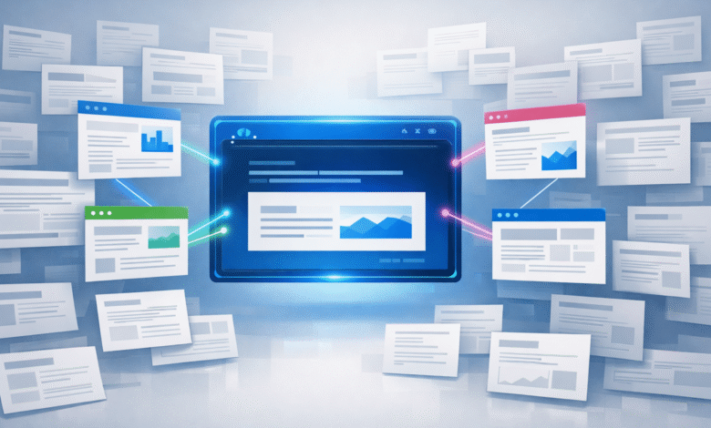 Abstract representation of interconnected web pages with a central interface.