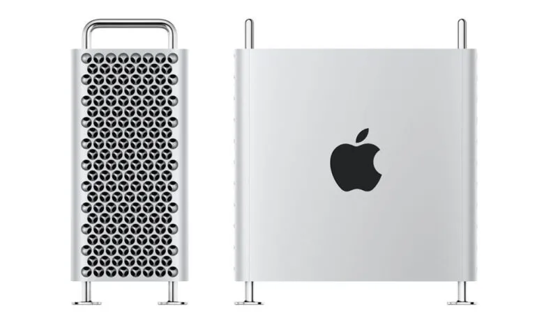 Two Apple Mac Pro computers, one with a lattice design and the other with the Apple logo.