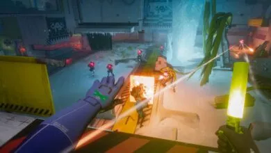 First-person view of a futuristic battle scene in a snowy, industrial setting.