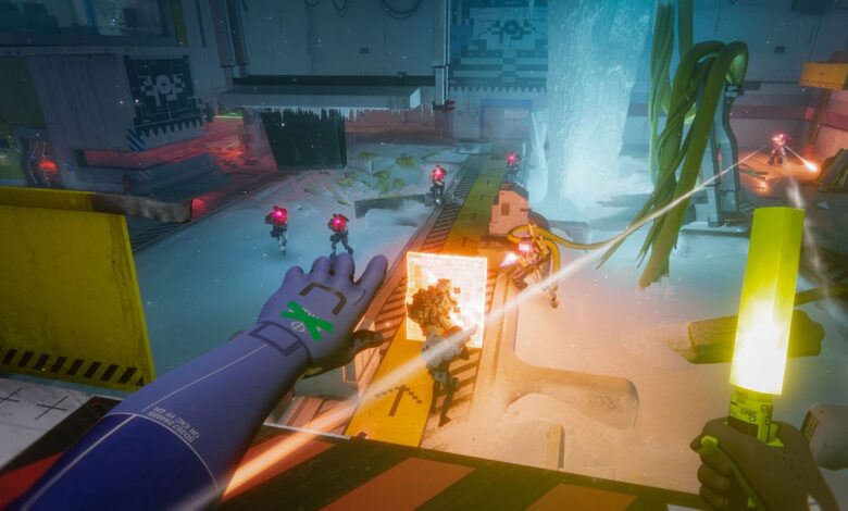 First-person view of a futuristic battle scene in a snowy, industrial setting.