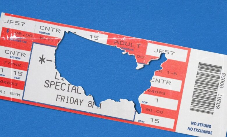 Ticket stub with USA outline cut out on blue background.