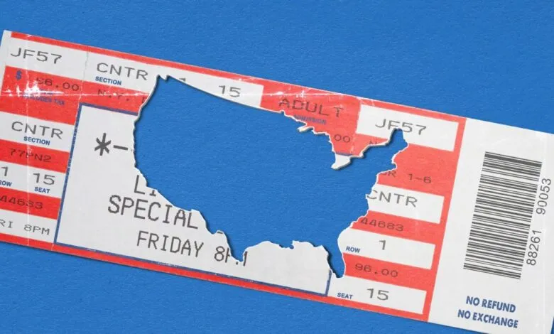 Ticket stub with USA outline cut out on blue background.