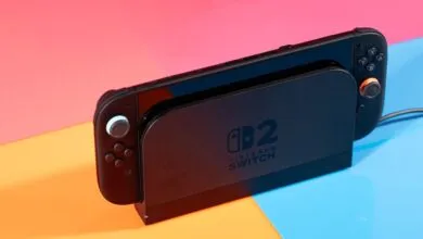 Nintendo Switch 2 console docked, showcasing its design and features.