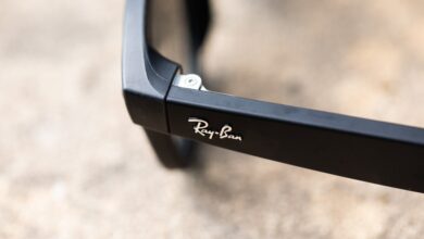 Close-up of black Ray-Ban sunglasses arm with logo detail.