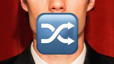 Person's mouth covered by a shuffle icon, suggesting censorship.