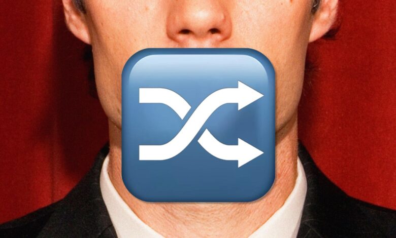 Person's mouth covered by a shuffle icon, suggesting censorship.