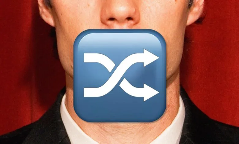 Person's mouth covered by a shuffle icon, suggesting censorship.