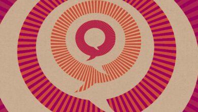 Concentric circles with speech bubbles in orange and magenta.