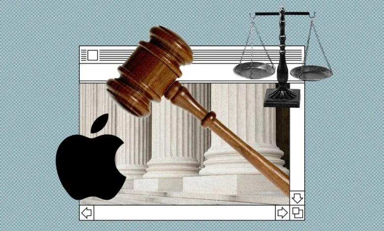Apple logo, gavel, scales of justice, and columns in a retro computer window.
