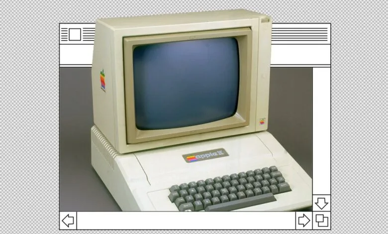 Vintage Apple II computer with monitor, keyboard, and classic Apple logo.