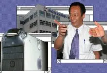 Composite image of Foxconn building, Apple computer, and Terry Gou.