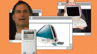Collage of Steve Jobs with vintage Apple products on orange background.