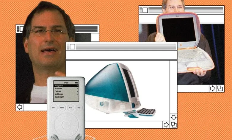 Collage of Steve Jobs with vintage Apple products on orange background.