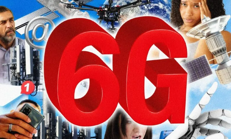 Collage showing 6G technology with people using devices and infrastructure.