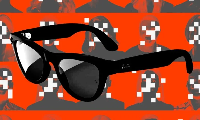 Ray-Ban Meta smart glasses on orange background with pixelated faces.