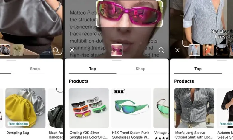 Screenshots of shopping apps displaying various products like bags, sunglasses, and shirts.
