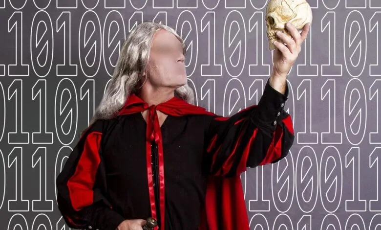 Actor in Hamlet costume holds skull against binary code backdrop.