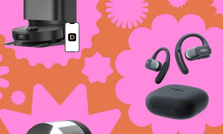 Robot vacuum, phone with app, and Shokz headphones on colorful background.