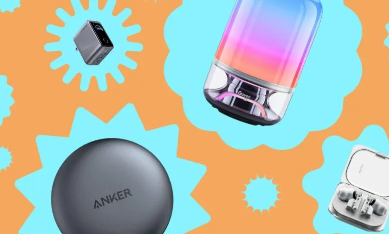 Four tech gadgets: charger, speaker, earbuds, and case on colorful background.