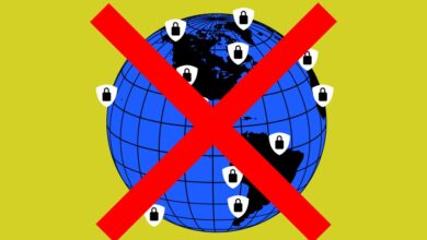 Globe with security icons crossed out, symbolizing restricted internet access.