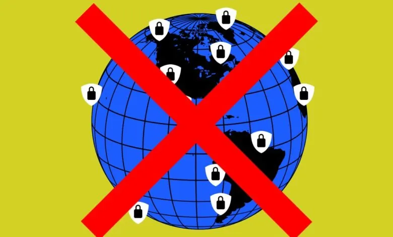 Globe with security icons crossed out, symbolizing restricted internet access.