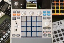 Overhead shot of MPC sampler and other music production devices.