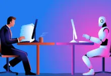 Human and robot working side-by-side at desks, symbolizing AI integration.