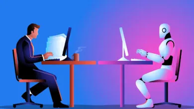 Human and robot working side-by-side at desks, symbolizing AI integration.