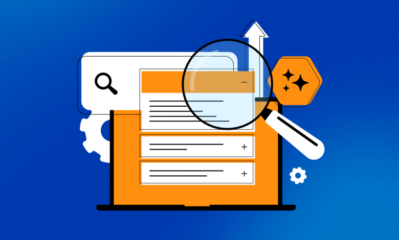 Website optimization concept with magnifying glass and upward arrow.