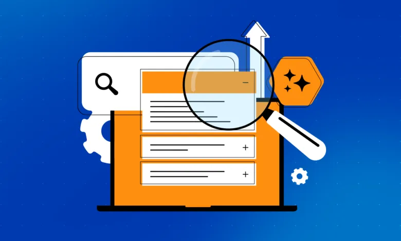 Website optimization concept with magnifying glass and upward arrow.